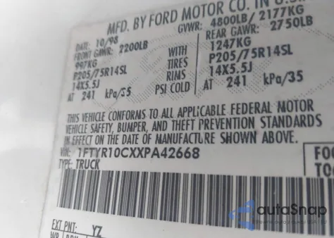 1999 Ford Ranger Xl/Xlt from USA, damaged, VIN 1FTYR10CXXPA42668